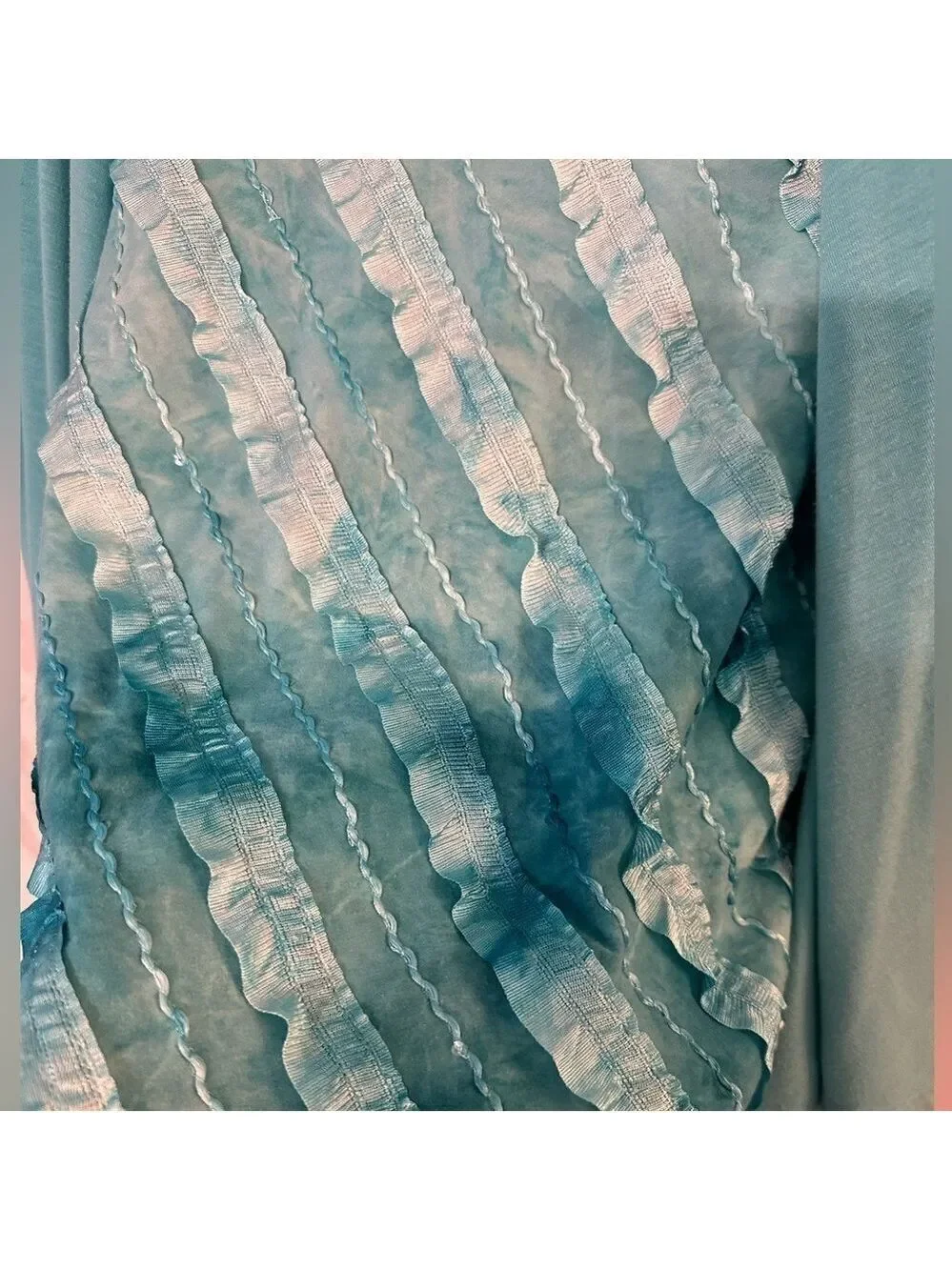 Kim Rogers Teal Short sleeve 2 Piece Look Dressy top Diagonal ribbons on insert